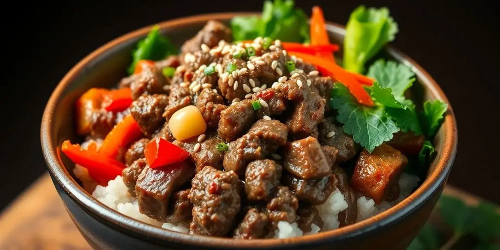 Korean Ground Beef Bowl with rice and vegetables.