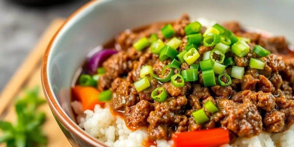 Korean Ground Beef Bowl with rice and vegetables.