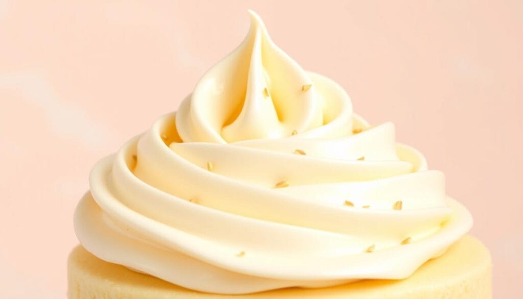 Vanilla buttercream frosting in a piping bag, ready to frost a cake
